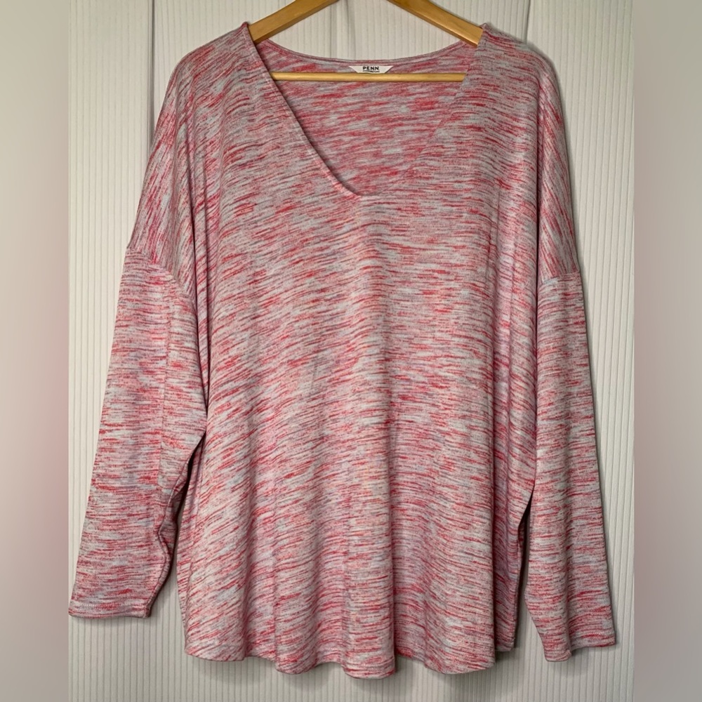 Penningtons - Pink Multicolour Heather Drop Shoulder Vneck Long Sleeve Top - 3X